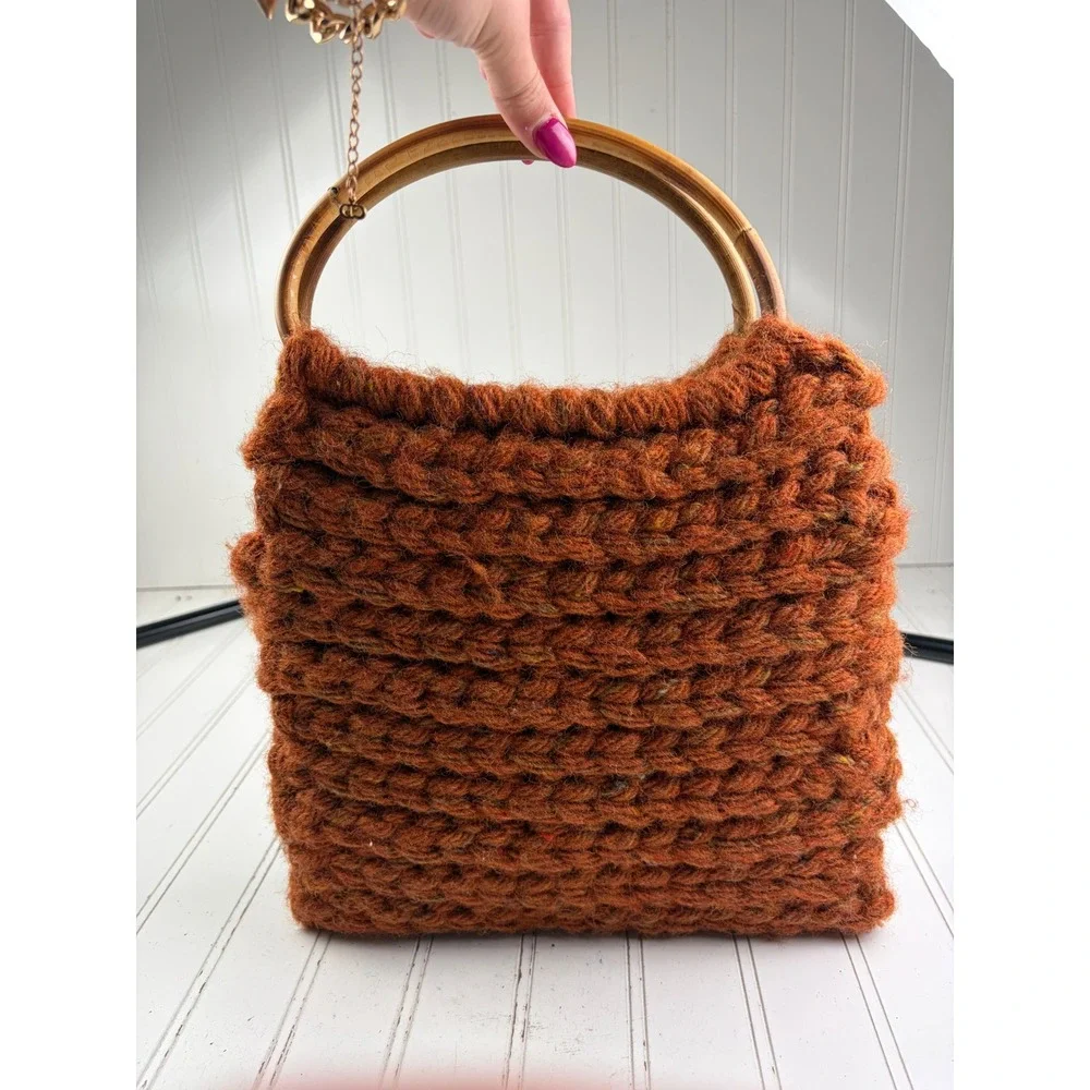 Boho Vintage Y2K Orange Chunky Knit Woven Handmade Crochet Shoulder Bag Purse